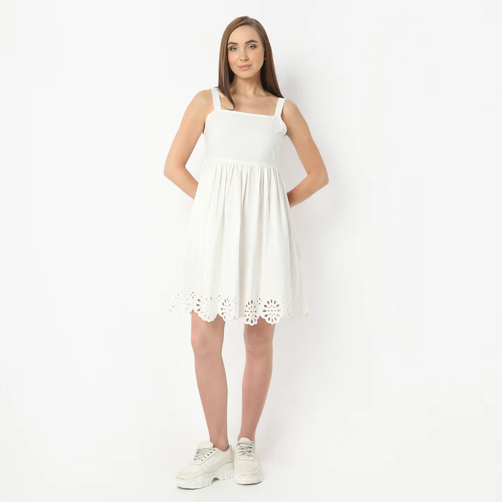 Flare Fit Sleeveless Cotton Dress With Cutwork